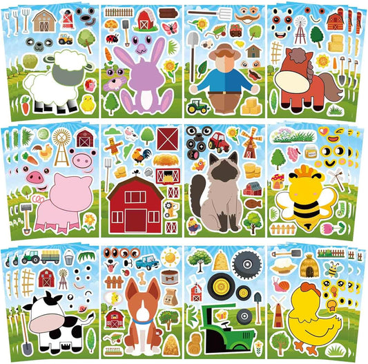 48 Sheets Make Your Own Stickers for Kids, Make a Farm Animal Face Sticker Sheets with Farm and Cute Animals for Kids Birthday Party Favors Supplies Teacher Reward