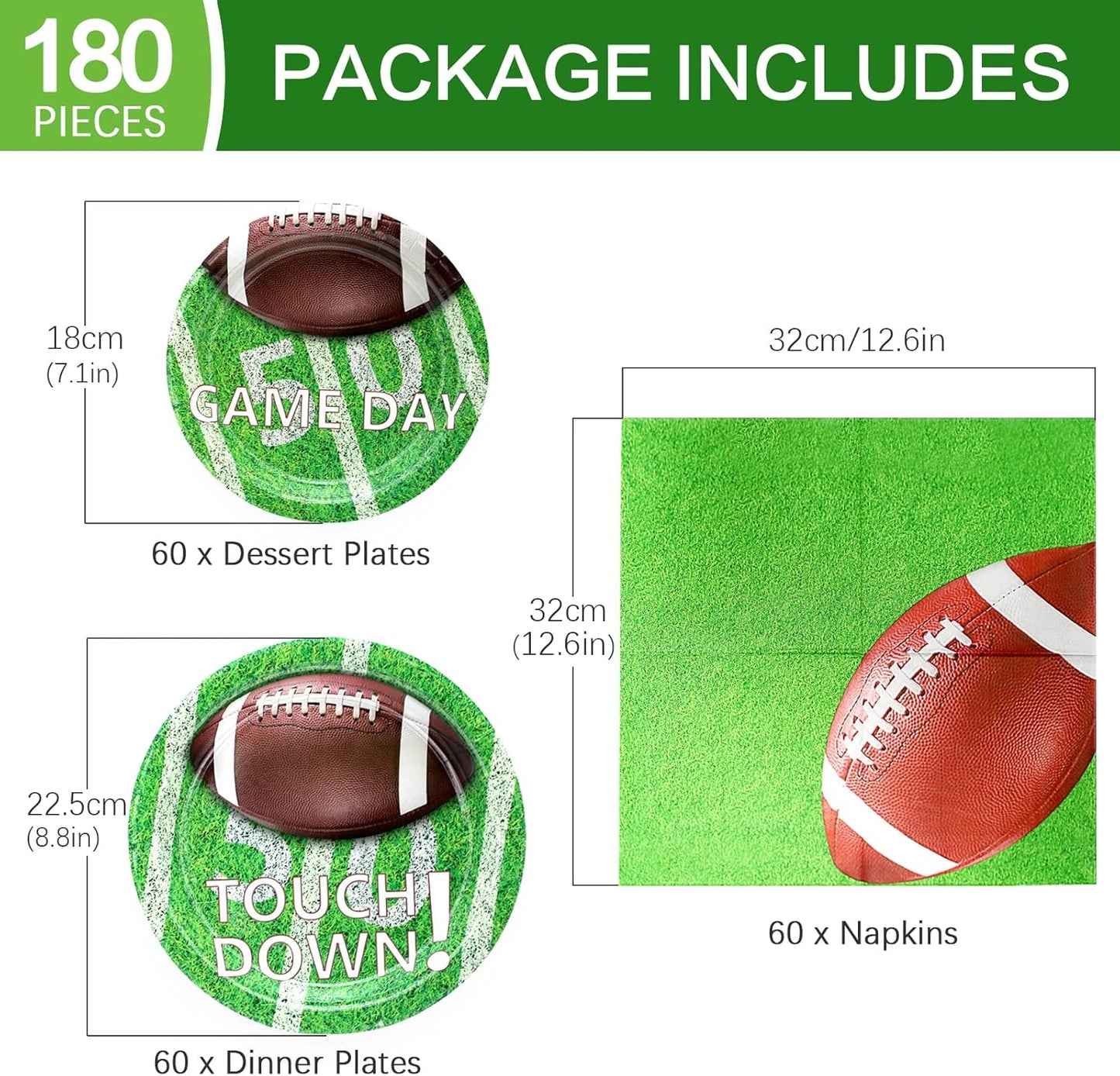 180Pcs Football Party Supplies Paper Plates and Napkins Serve 60 Disposable Tableware Set for Birthday Party Decorations Game Day Family School Holiday Sports Events