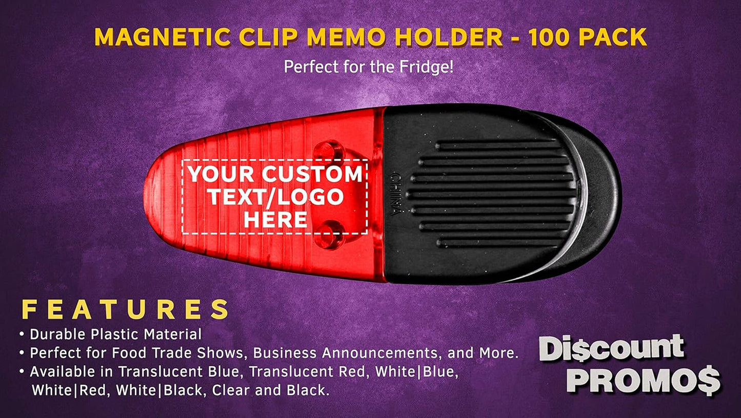 100 Magnetic Memo Holders Set - Customizable Text, Logo - Large Clip, Plastic - TRed