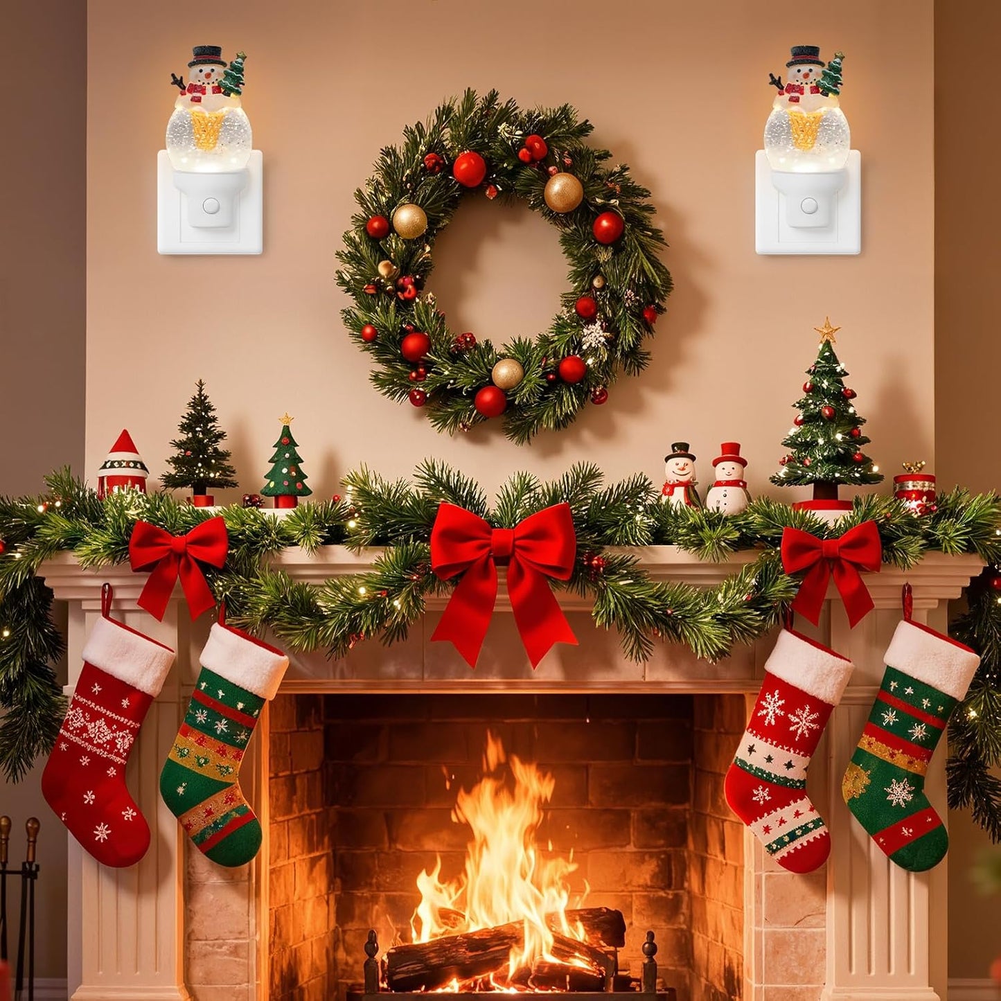 2 Pack Christmas Night Light Plug into Wall Glitter Water Nightlight with USB/Outlet Options, Christmas Snowman Ice Cream Decorative Nightlight for Holiday Decorations Gifts (Snowman Ice Cream)