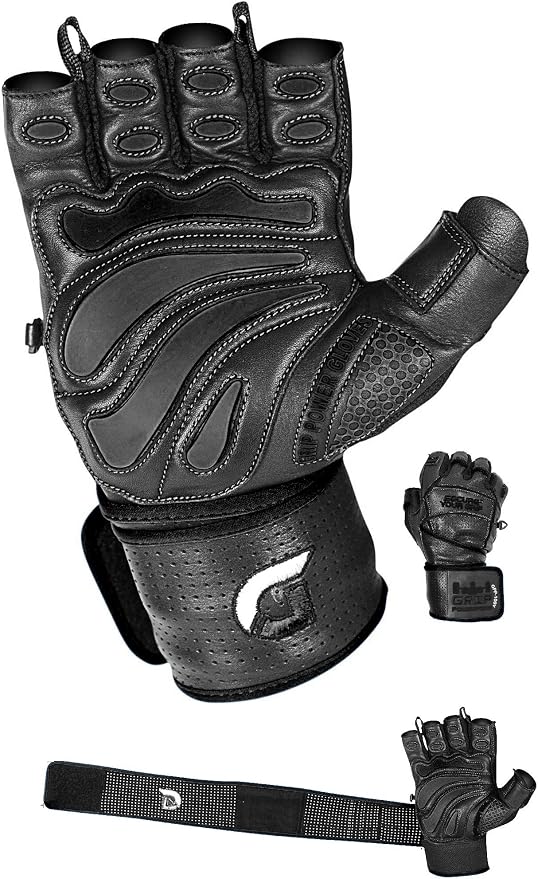 Elite Leather Gym Gloves with Built in 2" Wide Wrist Wraps Grip & Design by Grip+Power+Pads