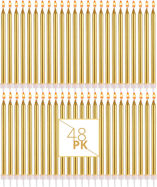 Bundaloo Gold Birthday Candles for Cake - Set of 48 Gold Candles for Birthday Cakes - with Plastic Holders, 5.5" Long, 0.20" Thickness