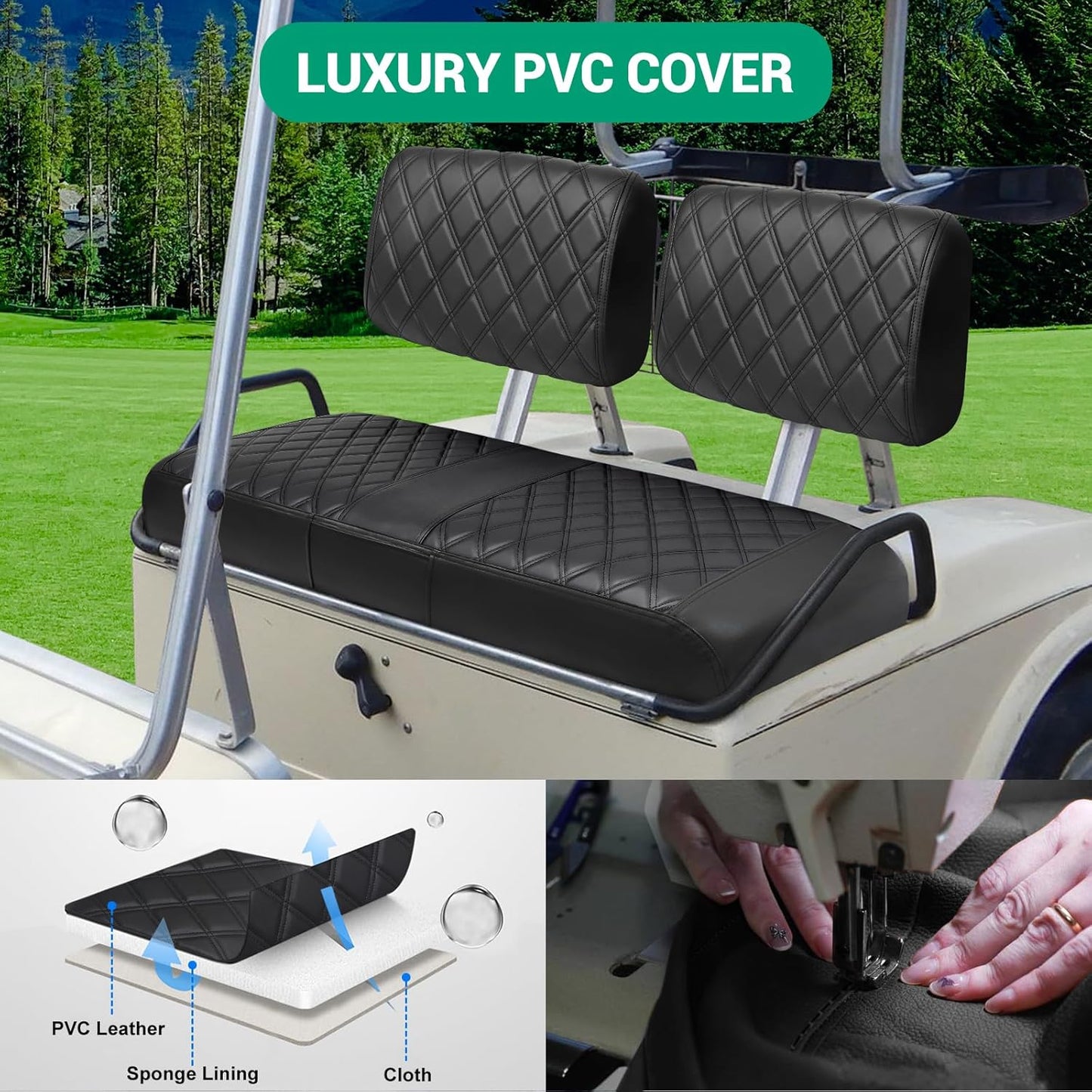 iLSKW Golf Cart Seat Cover for Club Cart DS Pre 2000, Premium Marine Vinyl, Diamond Stripe Black Stitching Anti-Chipping/Anti-Fading/No Stapler