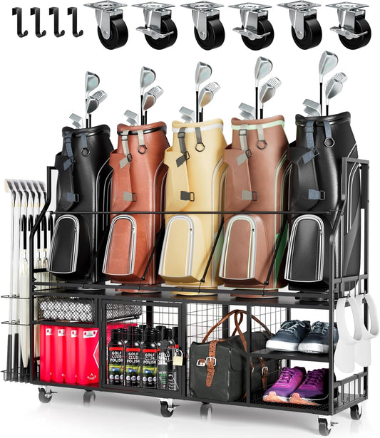 Golf Storage Organizer for 5 Bags, Extra Large Golf Club Racks for Garage Golf Bag Stand Holder for Golf Equipment Accessories