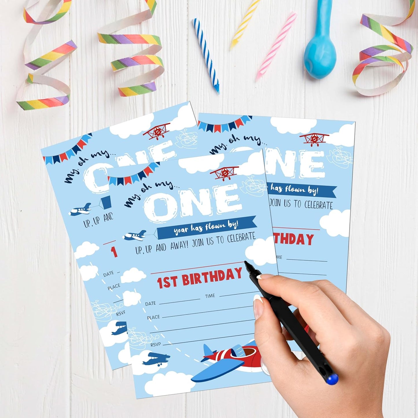 1st Birthday Invitations, 20 Invitation Cards with Envelopes, Airplane Invites for Party Decorations Favor Supplies - A20
