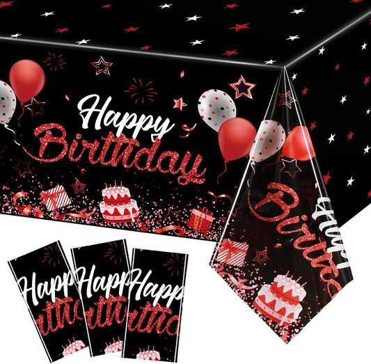 Breling 3 Pack Birthday Party Supplies Confetti Sprinkles Happy Birthday Tablecloths Starry Table Covers for Kids Adults Party Decorations, 54 x 108 Inches (Red and Black)