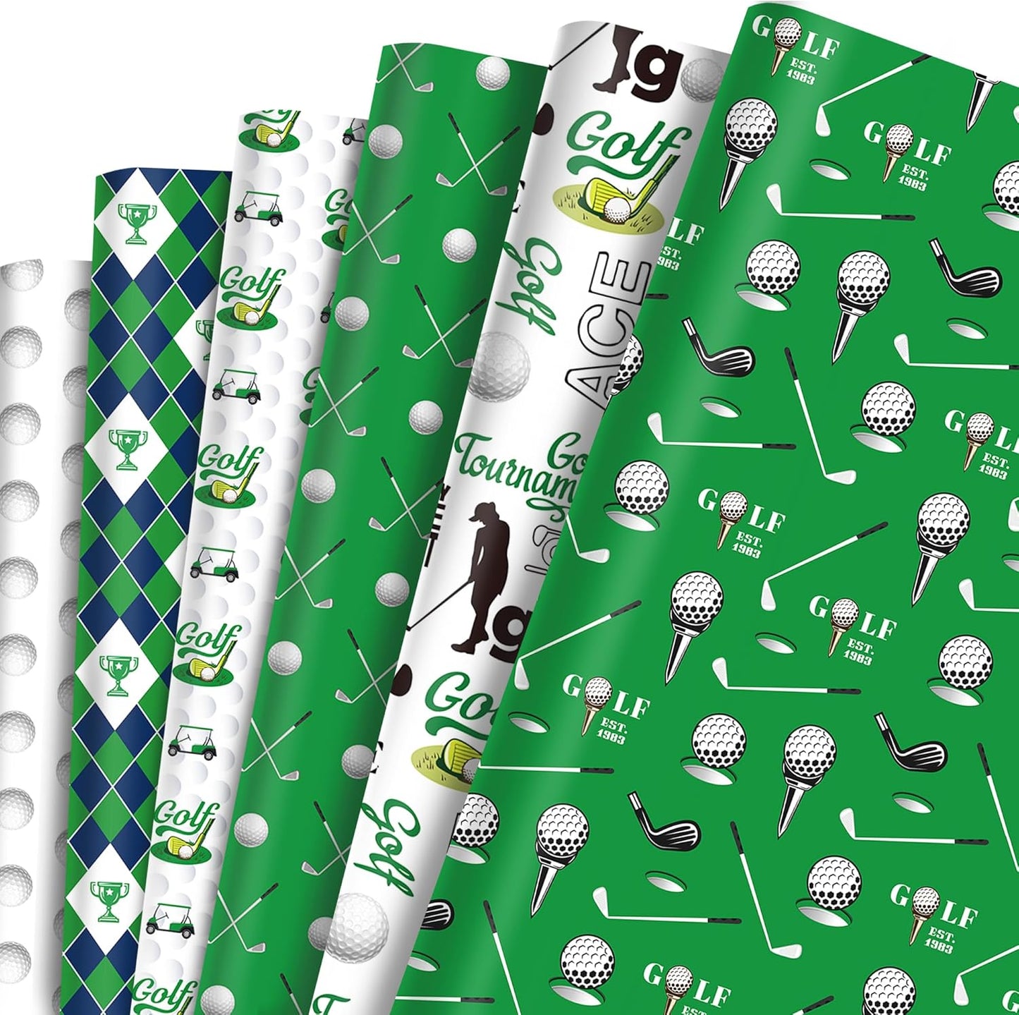 12-Sheet Golf Wrapping Paper Set – 6 Sports-Inspired Designs with Golf Clubs, Balls, Carts & Green Argyle Patterns | Flat Sheets for Birthdays, Retirement Parties & DIY Crafts (20"x27", Not Rolls)