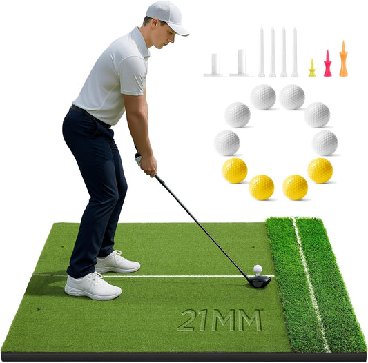 Golfguru Golf Mat 5x4ft-16mm/21mm/26mm Thickened Dual Turf Golf Hitting Mat with Alignment Aid, Dense Elite Mats Practice Outdoor Indoor, Chipping Training Matt for Backyard Garage Driving Simulators