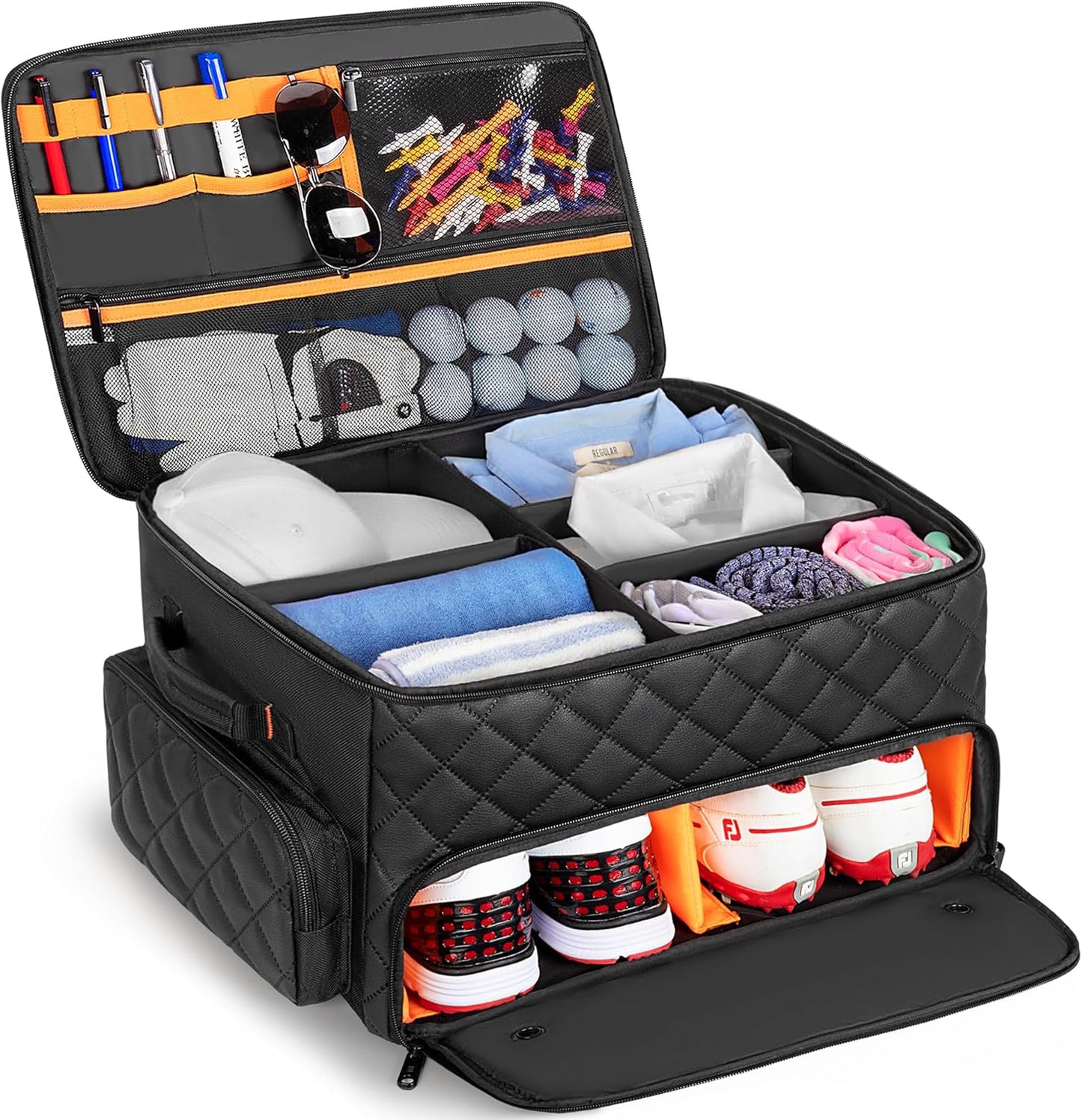 2 Layer Golf Trunk Organizer, Golf Car Storage Organizer with Individual Ventilated Compartment for 2 Pairs Shoes, Golf Car Locker for Balls, Clothes, Tees, Gloves, Accessories