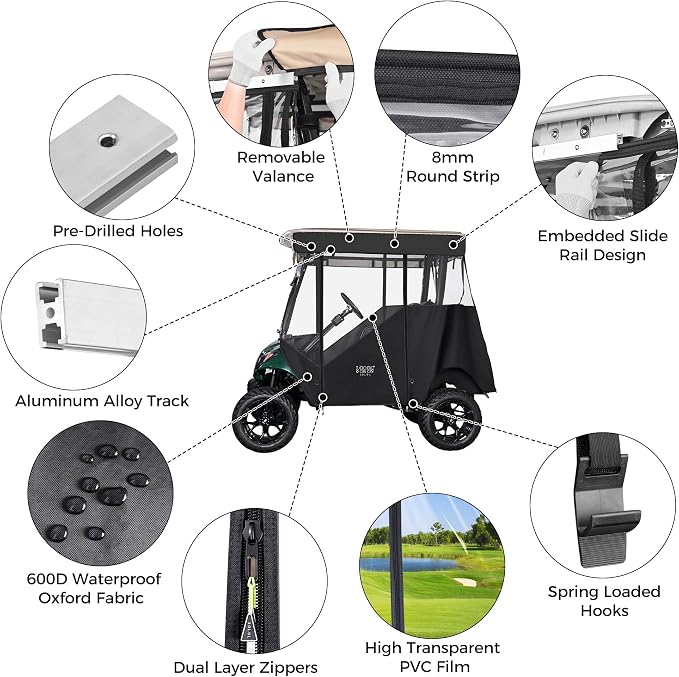 10L0L 3-Sided Track Style Golf Cart Enclosure fit 2 Passenger Yamaha G29 Drive - Image 7