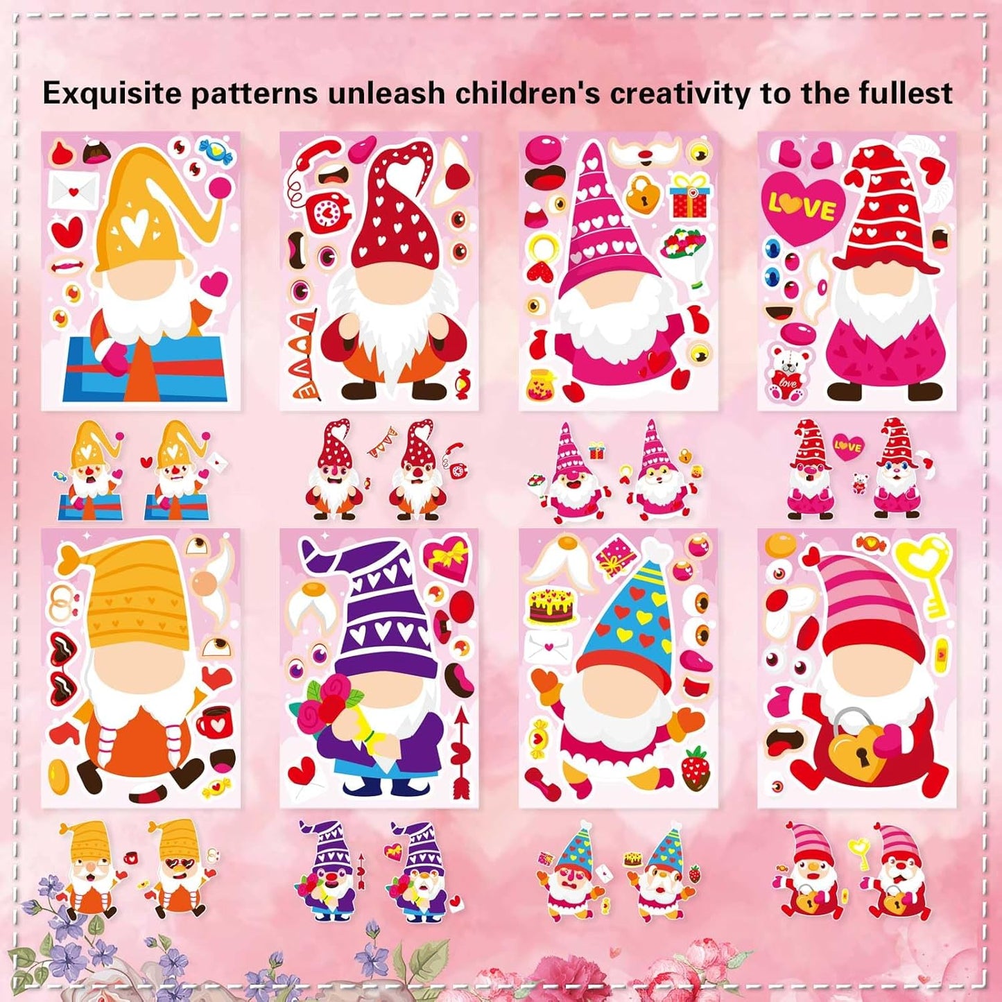 24 Sheets Valentine Stickers for Kids Make a face Sticker, Valentines Day Stickers Make Your Own Valentine Gnome Stickers Valentine' s Day Themed Party Favors Supplies