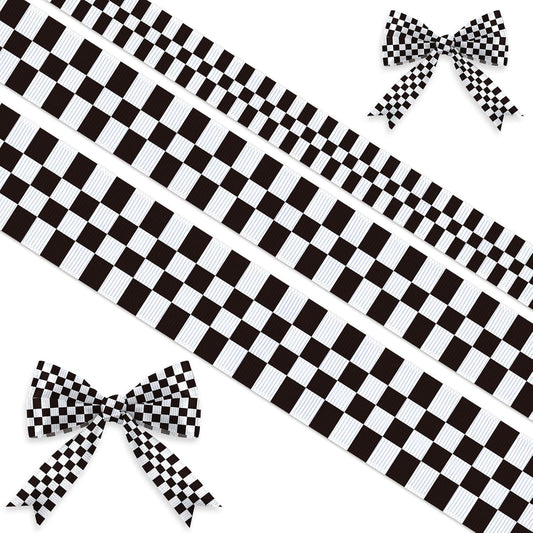 3 Rolls Black White Checkered Ribbon for Racing Car Party DIY Wreaths Grosgrain Sport Ribbon for Gift Wrapping, Race Track Bows, Crafts, Racing Birthday Party Home Decoration Supplies 15 Yards
