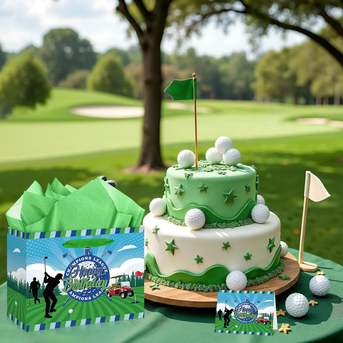 Innovoscape Golf Party Gift Bag Happy Birthday Wrapping Bag with Greeting Card and Tissue Green Birthday Paper Bag for Boys Girls Golf Party Decorations Baby Shower Bday Golf Theme Party Supplies