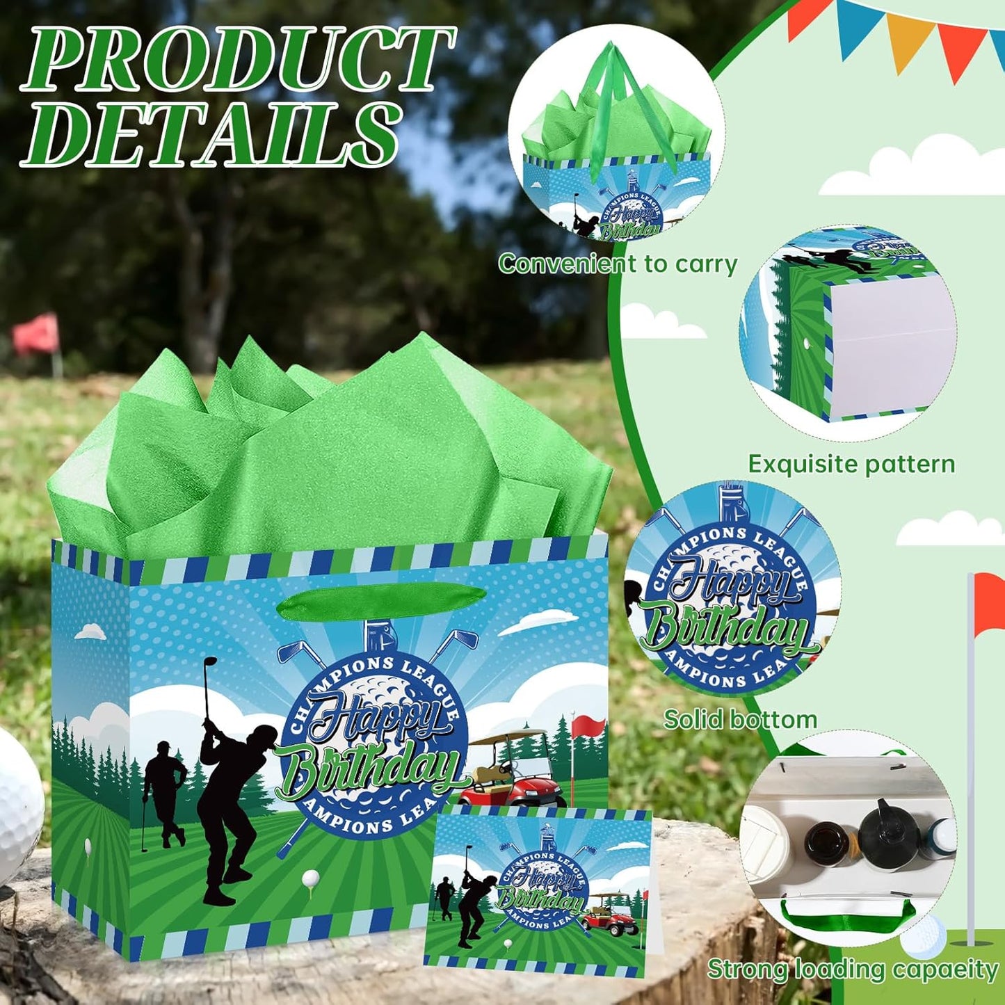 Innovoscape Golf Party Gift Bag Happy Birthday Wrapping Bag with Greeting Card and Tissue Green Birthday Paper Bag for Boys Girls Golf Party Decorations Baby Shower Bday Golf Theme Party Supplies