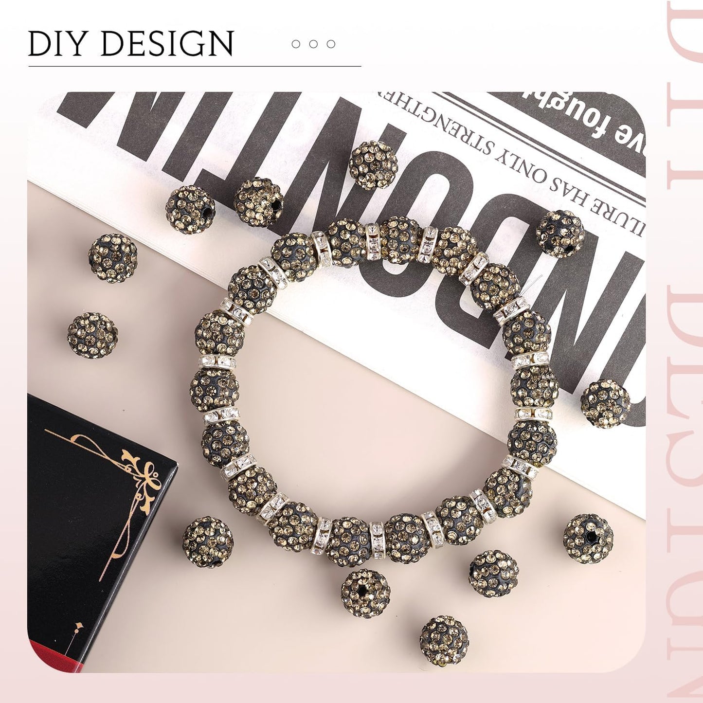 200pcs 10mm Gray Rhinestone Beads for Jewelry Making, Shiny Round Shamballa Disco Ball Beads Bulk, Sparkle Crystal Clay Christmas for Bracelet Baseball Necklace Earring Crafting and DIY