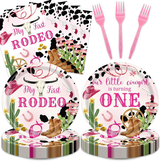 48Pcs My First Rodeo Decorations Girl Western Cowgirl Party Supplies Disposable Pink Cowgirl 1st Birthday Plates Napkins Forks Serves 16 Cowgirl Birthday Party Decorations