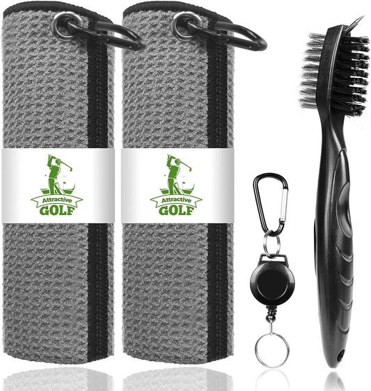 ATTRACTIVE Golf Towels, Microfiber Waffle Pattern Towels - Golf Club Brush with Cleaning (2 Gray Towel+Black Brush)
