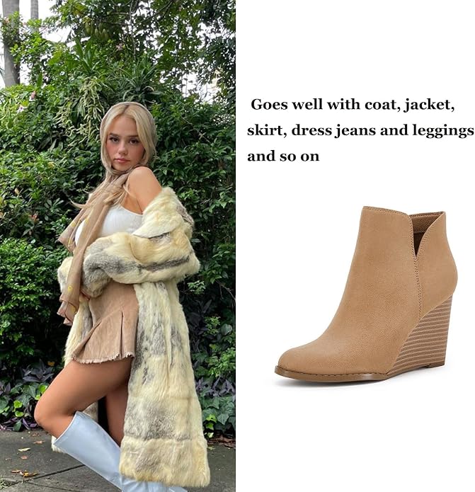LAICIGO Womens V Cut Wedge Ankle Booties Zip-up Closed Toe Stacked Heel Faux - Image 5