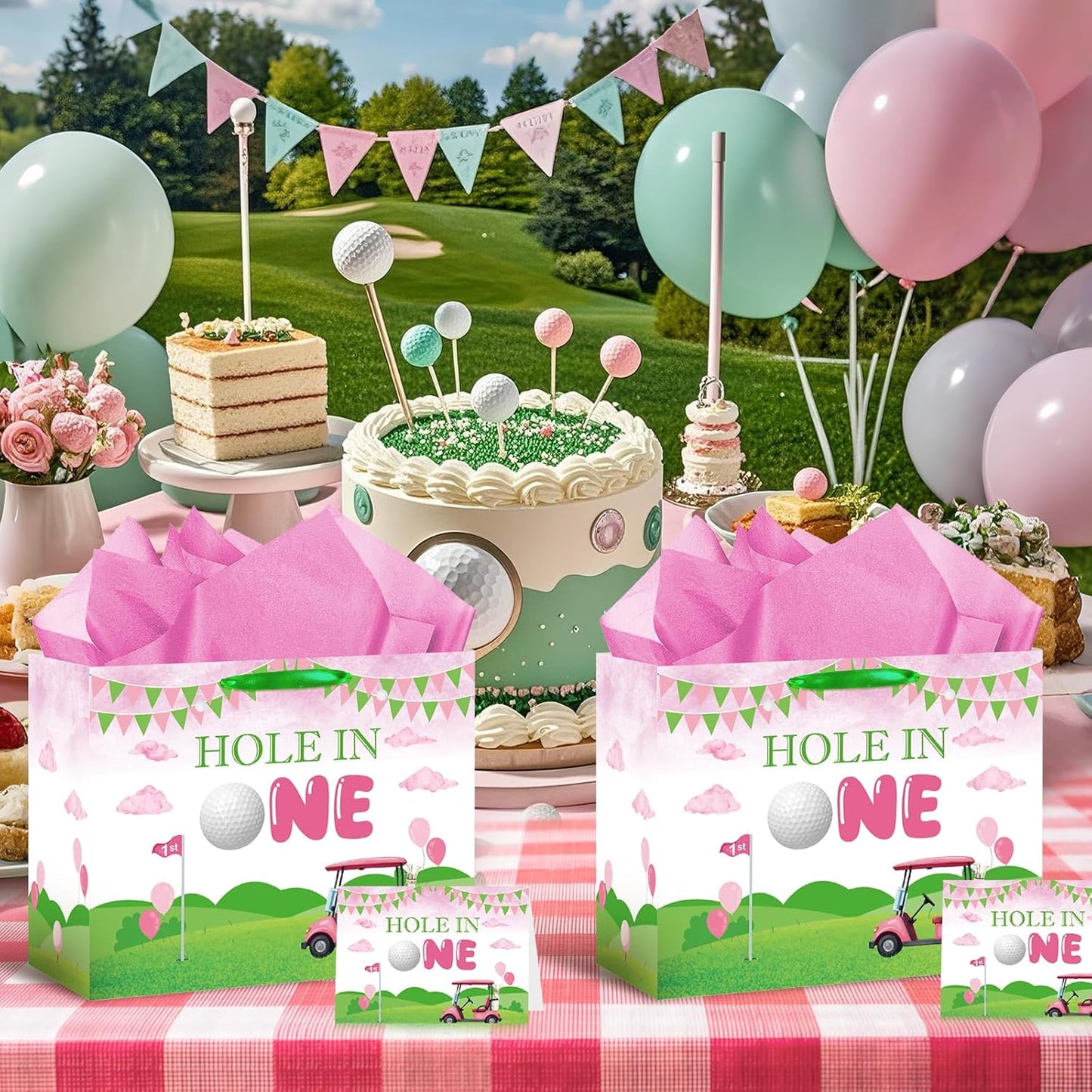 Hole in One Birthday Decorations Pink Hole in One Gift Bag Pink Green Golf First Party Bag Christmas 1st Birthday Wrapping Bag with Card and Tissue Papers for Girls Newborn Baby Shower Party Supplies