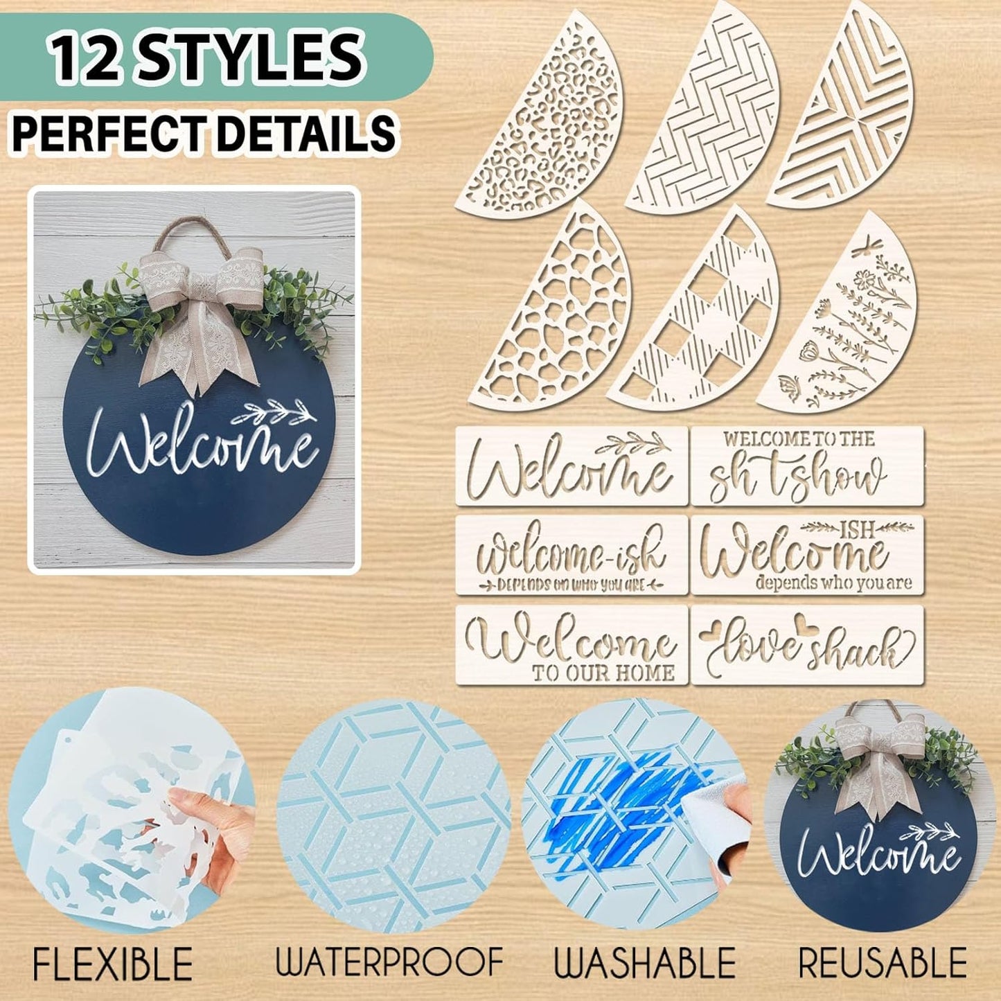 12 Inch Wood Circles for Crafts, 10Pcs Unfinished Wood Rounds with 12Pcs Welcome Stencils & 12Pcs Painting, DIY Wooden Crafts for Door Hanger, Wood Burning, Painting, Christmas Thanksgiving Day Decor