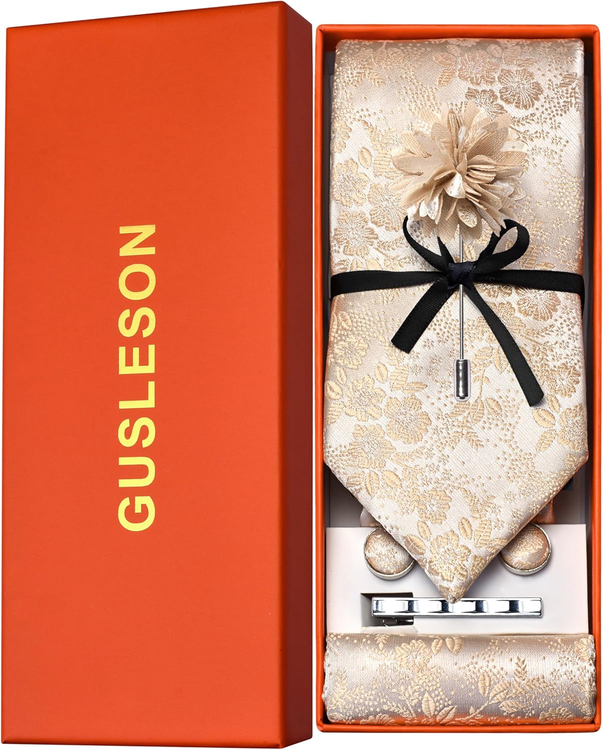 GUSLESON Tie Set for Men Necktie and Pocket Square,Tie Clip,Cufflinks, Lapel Pin Sets with Gift Box 5PCS
