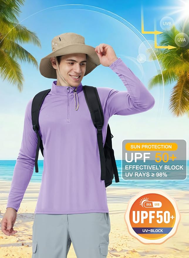 CRYSULLY Men's Long Sleeve 1/4 Zip Shirts Sun Protection Pullover UPF 50+ Rash - Image 2