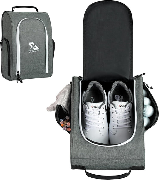 Golkcurx Golf Shoe Bag for Travel Zippered Sport Shoe Carrier Bags with Side Accessory Pockets for Socks, Tees, Golf Balls（Grey）