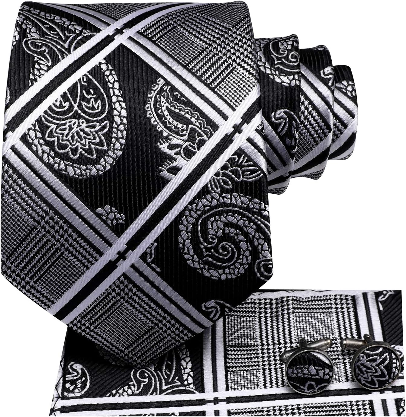 Hi-Tie Men 63inches Tie Set Extra Long Necktie Paisley Tie Pocket Suqare Cufflinks Big and Tall Men Tie