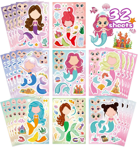 32 Sheets Mermaid Stickers for Kids, Make Your Own Sticker, Mermaid Make a Face Stickers for Kids Party Favors, Classroom Teacher Rewards, Art Craft Supplies