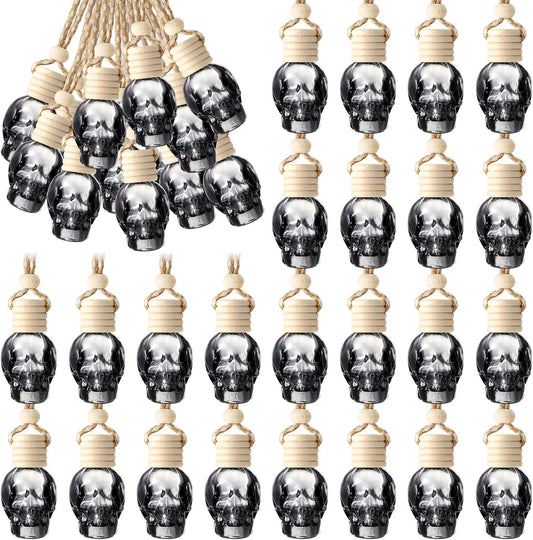 50 Pcs Hanging Car Air Freshener Black Car Diffuser Bottles Empty Glass Perfume Bottles Air Freshener Diffuser Pendant for Essential Oils Fragrance Aromatherapy Ornament (Skeleton)
