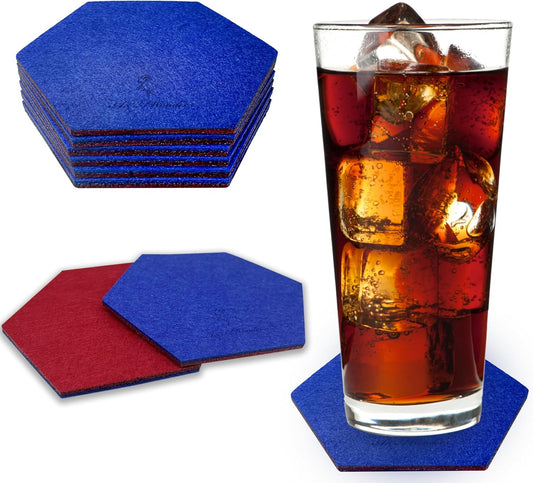 A&A Wonders Premium Felt Coasters for Drink, Absorbent Felt Protects Furniture, Table, Anti Slip, Absorbent, Suitable for Drinks & All Table Types (Wine Red/Royal Blue, Hexagon 6 Pack)
