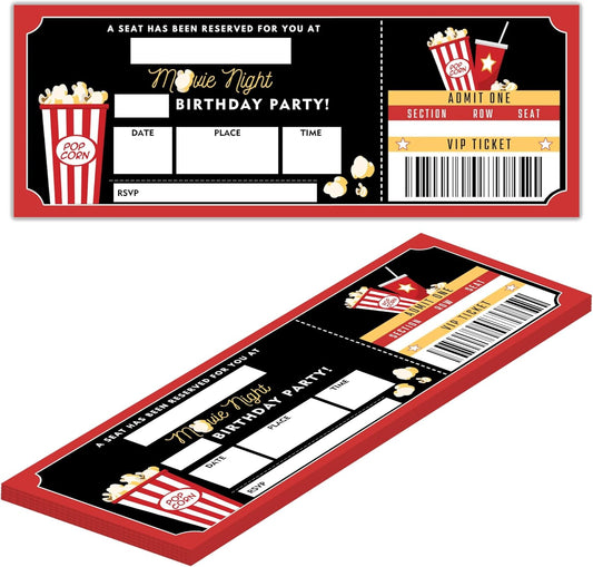 Birthday Cards-20 Movie Night Ticket Invite Cards-Red and Black Birthday Invitation with Envelopes for Movie Lovers-Party Favor & Supplies (3×8 inch)-A02