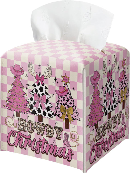 Howdy Christmas Tissue Box Holder, Pink Checkered Cowgirl Western Christmas Trees Leather Tissue Box Cover Square, Paper Facial Decorative Tissues Cover for Bathroom Office Home Decor-B07