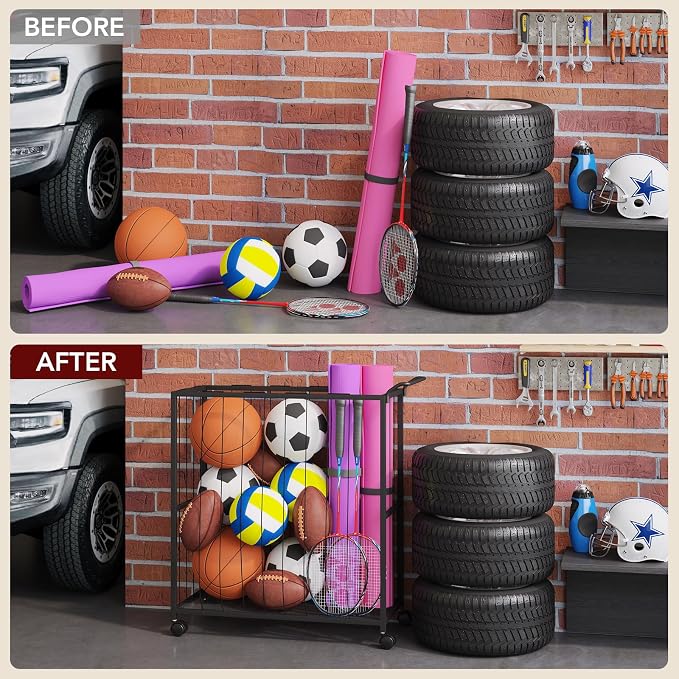 Ball Storage Bin Rolling Sports Ball Cart, Metal Garage Organizer Sport Rack - Image 5