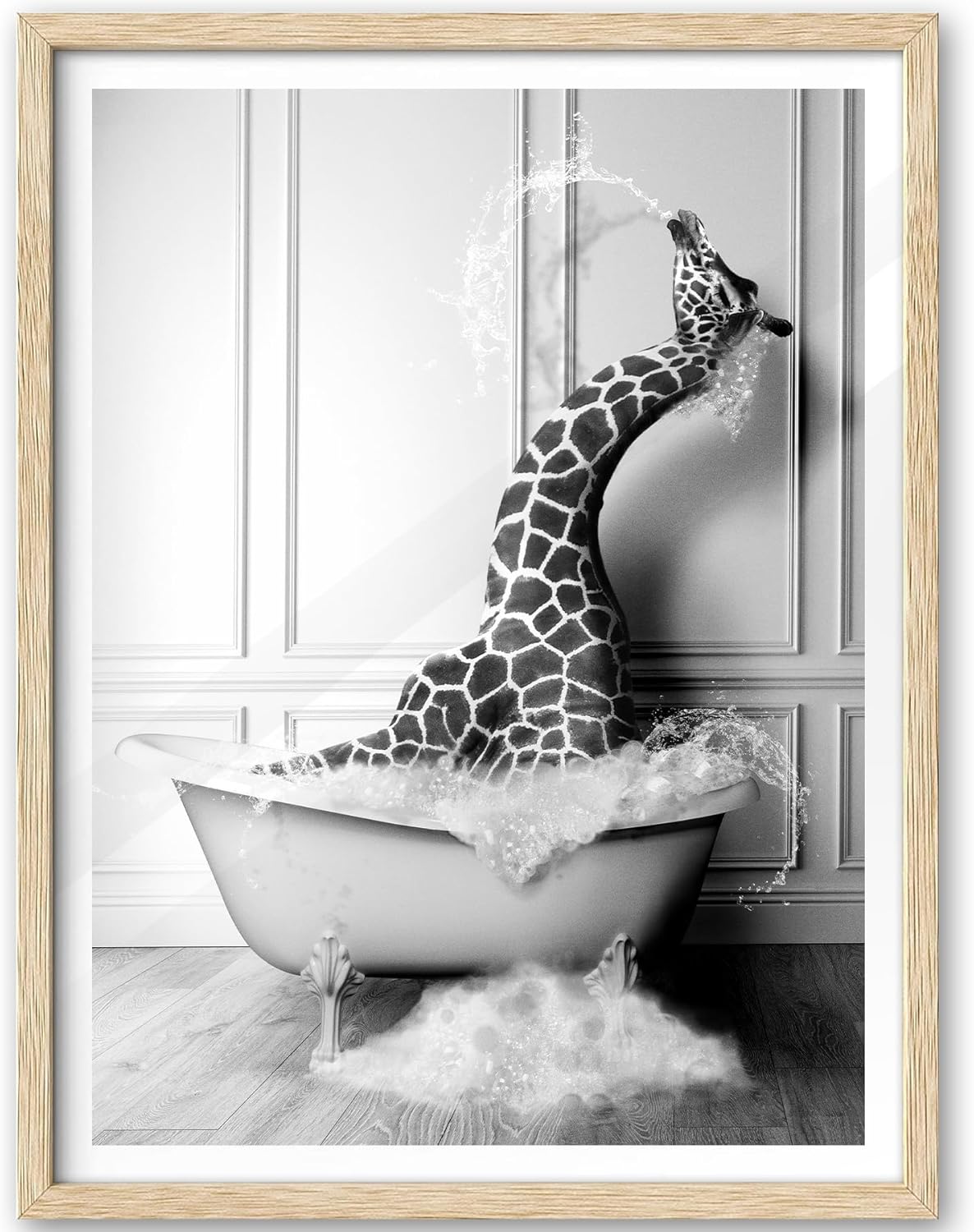 iHery Natural OAK Wood Framed Wall Art, 12x16 in Funny Bathroom Wall Art Decor, Giraffe Bathing Animals Canvas Prints, Black and White Wall Decor Pictures For Bedroom Living Room Set of 1