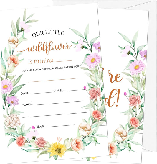 Birthday Invitations for Girls, 20 Flower Invitation Cards with Envelopes, Summer Floral Invites for Girl Party Decorations Favor Supplies - A02