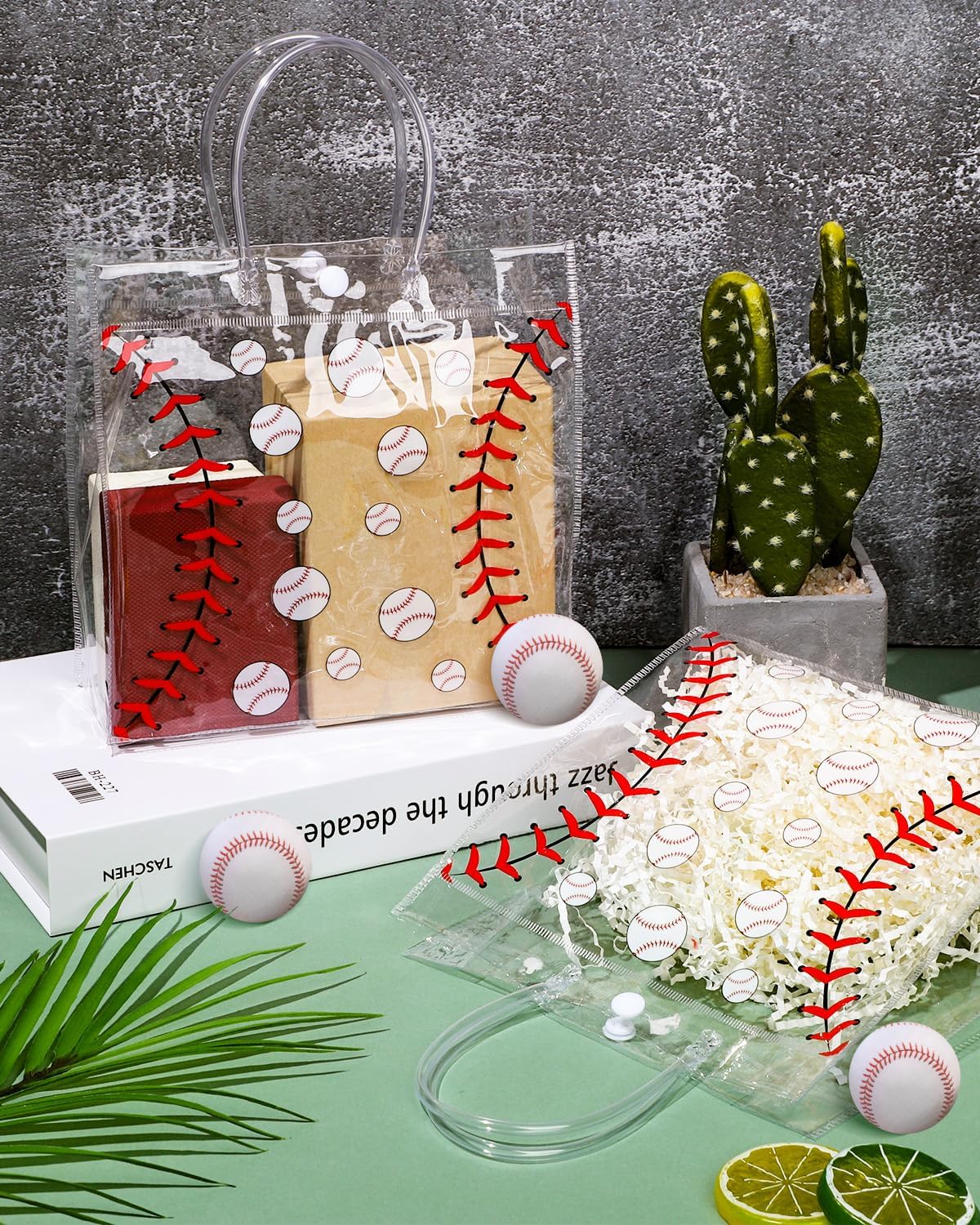 24 Pieces Baseball Clear PVC Gift Bag with Handles Transparent Baseball Treat Goodie Bags 8 x 8 x 3.2Inch Sport Theme Party Favor Bag for Birthday Holiday Sports Team (baseball)