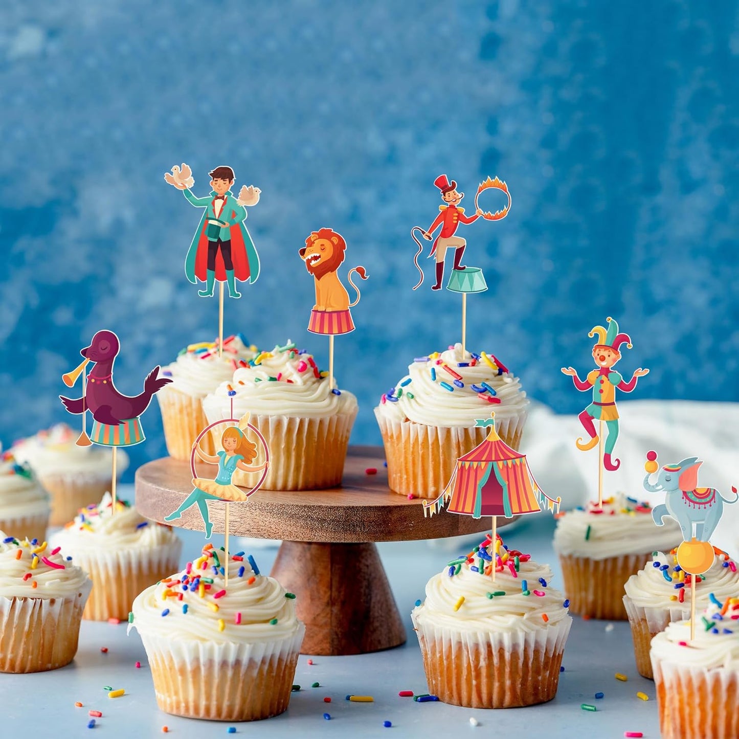 24pcs Circus Cupcake Toppers Carnival & Circus Party Decorations - Perfect for Cupcake, Cake & Baby Shower Birthday Party Supplies