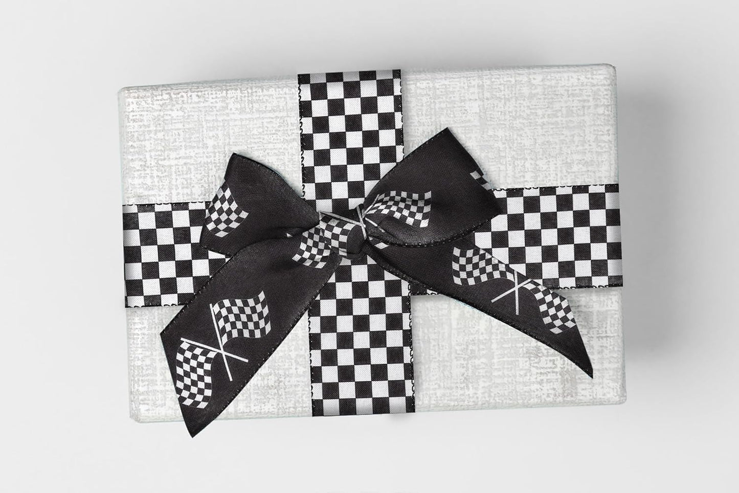 2 Rolls 2.5 Inch X 20 Yards Racing Car Theme Printed Ribbon for Crafts Wrapping Black and White Checkered Ribbon for Wreath Bows Sport Team Birthday Party Home Decoration