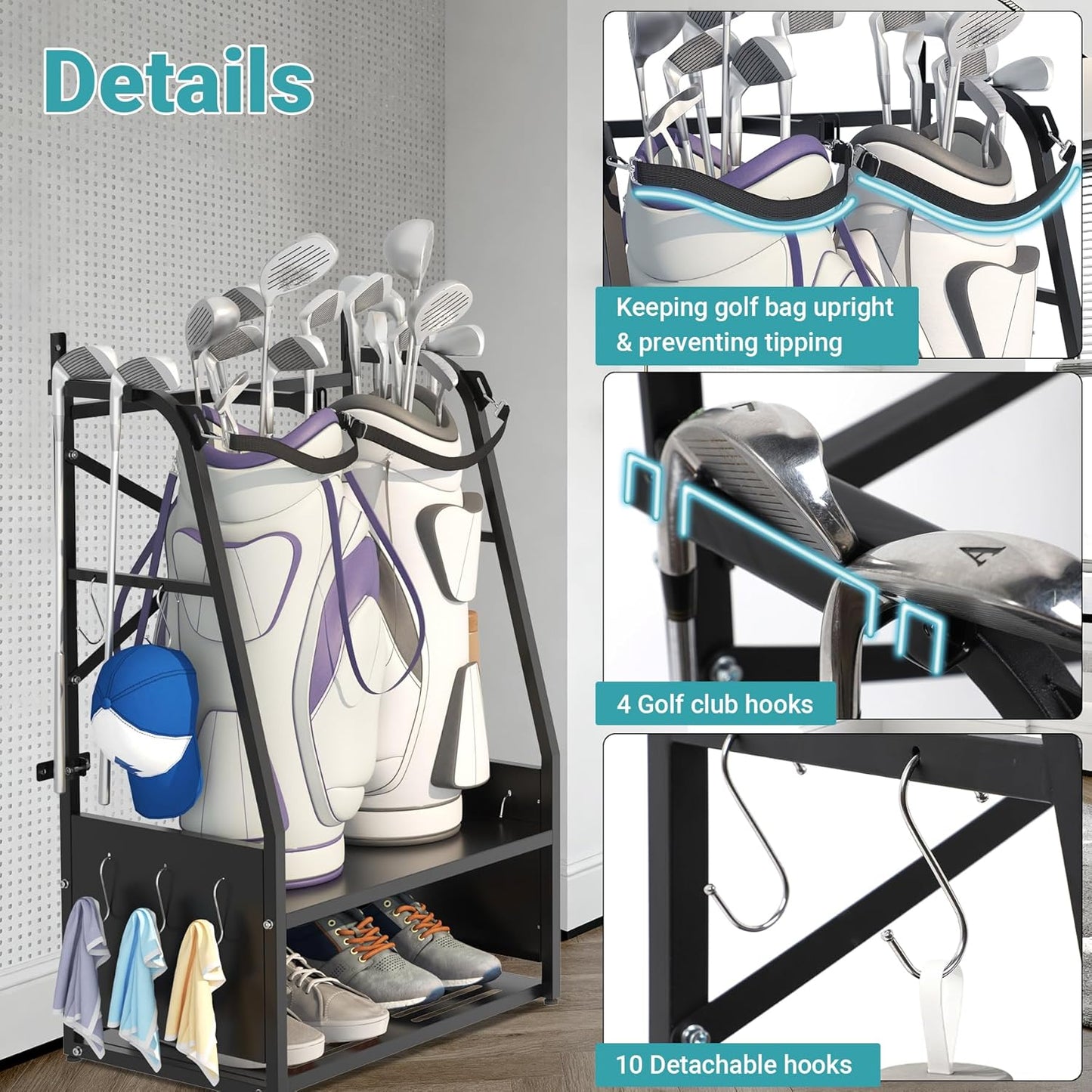 2-in-1 Wall Mount Golf Bag Organizer - Holds 2 Golf Bags w/ 4 Club Racks, 10 Hooks & Storage Shelf - Free-Standing Golf Bag Stand w/Adjustable Feet for Garage, Store, Club, Shed