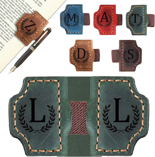 Bygone Mark Bookmark with Pen Holder, 26 Letters Name Initial Personalized Magnetic Bookmarks, Leather Book Mark for Men Women, Travelers Accessories, Teachers Readers Book Lovers Gifts (Green, L)