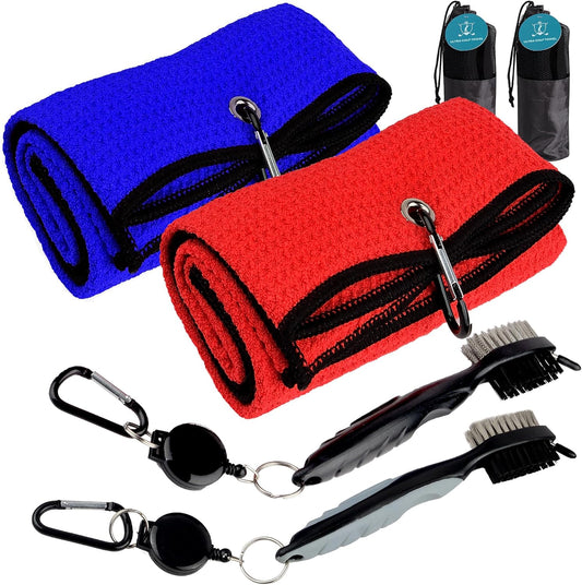 2-Pack Golf Towel & Club Brush Set – Microfiber Waffle Towels + Retractable Groove Cleaners – Bonus Carry Pouch – Lint-Free & Fast Drying (Red and Blue)