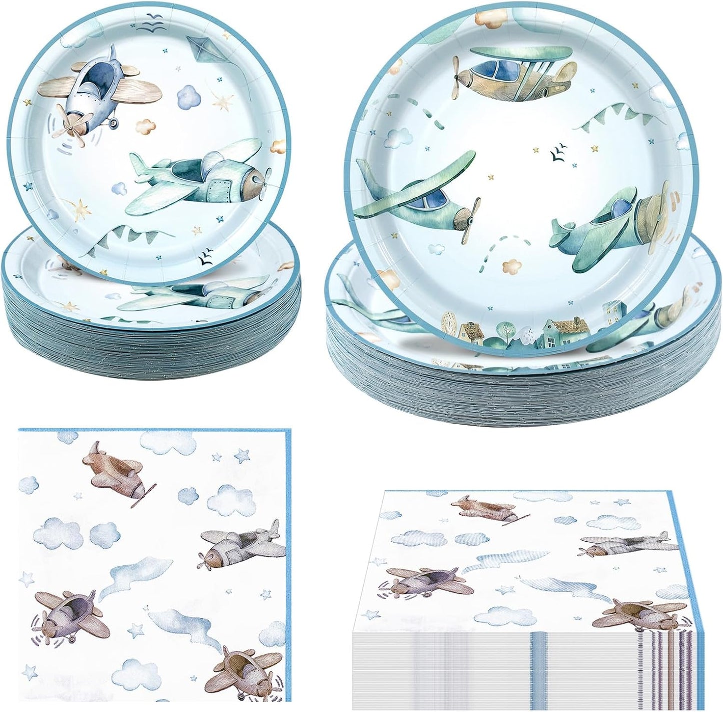180Pcs Airplane Baby Shower Party Supplies Paper Plates and Napkins Serve 60 Disposable Tableware Set for Birthday Party Decorations Game Day Family School Holiday Sports Events