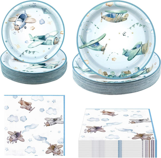 180Pcs Airplane Baby Shower Party Supplies Paper Plates and Napkins Serve 60 Disposable Tableware Set for Birthday Party Decorations Game Day Family School Holiday Sports Events