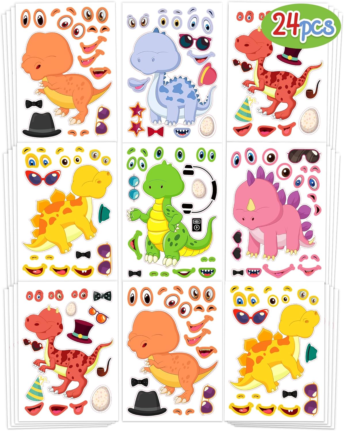 24 Pcs Make Your Own Dinosaur Sticker Sheets, Dinosaur Party Favors Face Stickers for Kids Boys Toddlers Crafts Activities Gift Bags Birthday Party Valentines Day Gifts for Kids Classroom