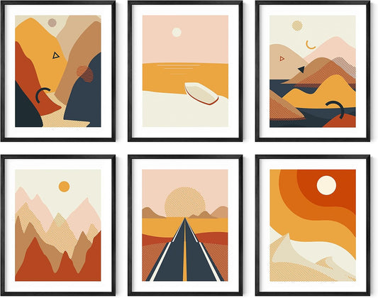 HAUS AND HUES Abstract Minimalist Landscape Wall Art – Set of 6 Modern Mountain Prints, Geometric Nature Posters, Aesthetic Minimalist Wall Decor (Black Frame, 8x10)