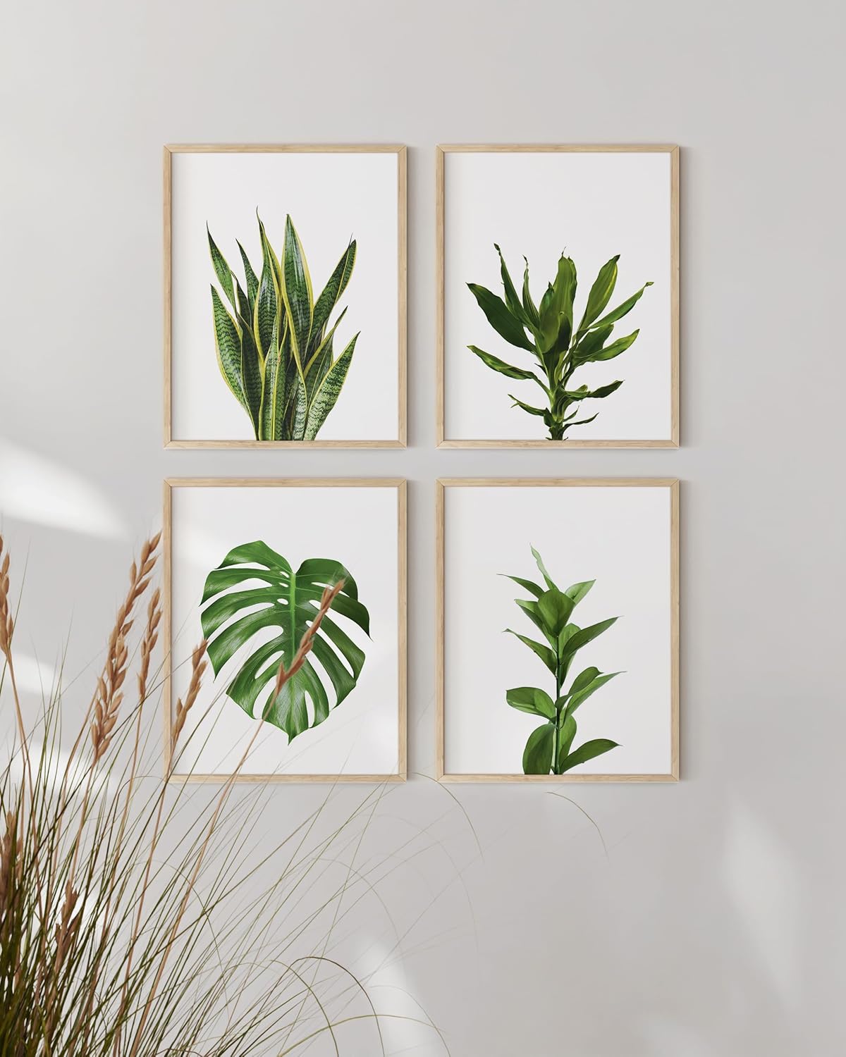 HAUS AND HUES Plant Wall Art - Set of 4 Green Plant Pictures Collection, Botanical Prints, Sage Green Leaves Paintings, Minimalist Wall Decor (11x14, Beige Frame)