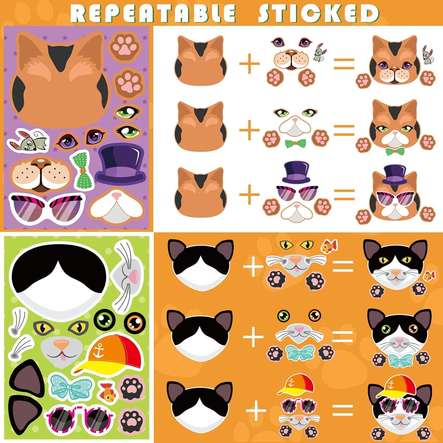 24 Sheets Cats Make a Face Stickers Make You Own Cats Stickers Animal Sticker for Kids, Birthday Gift Party Favors Supplies Teacher Art Craft, Games School Activity Reward