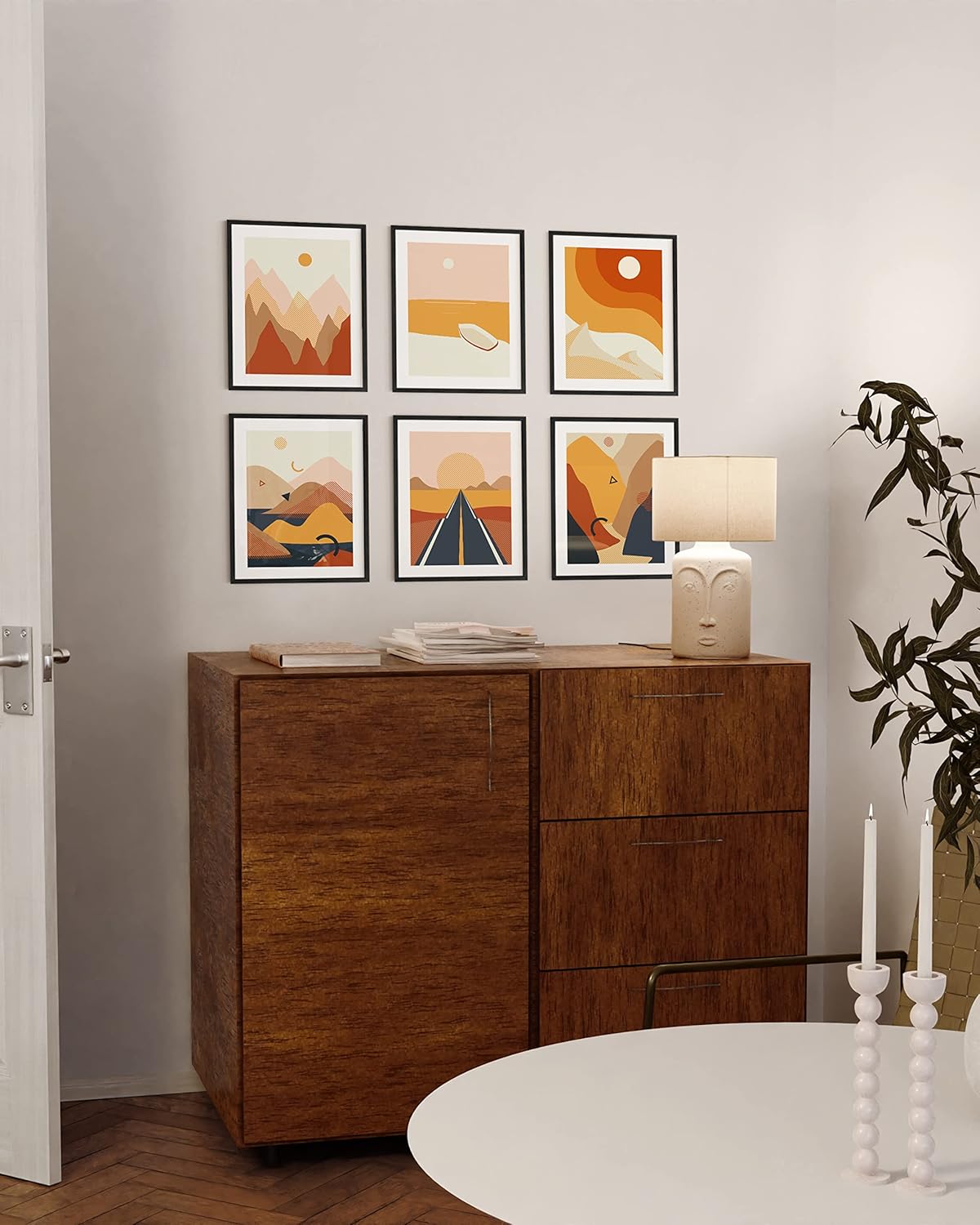 HAUS AND HUES Abstract Minimalist Landscape Wall Art – Set of 6 Modern Mountain Prints, Geometric Nature Posters, Aesthetic Minimalist Wall Decor (Black Frame, 16x20)