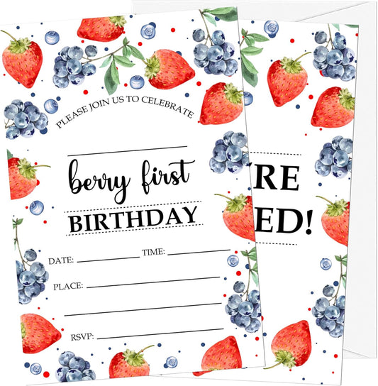 Berry First Birthday Invitations, 20 Invitation Cards with Envelopes, Strawberry Blueberry Invites for Party Decorations Favor Supplies - A05